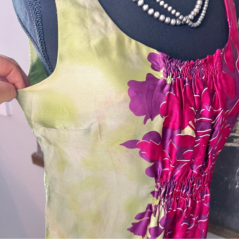Cabi 100% Silk Pink Green Floral Stripe Color Block Sleeveless Tunic Blouse Sz S - Picture 11 of 11
